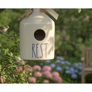 Rae Dunn Rest Birdhouse Cobalt Blue Ceramic Long Text Rustic Farmhouse Decor